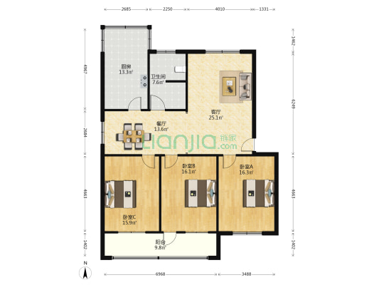 消防队家属院 3室2厅1卫 131平方