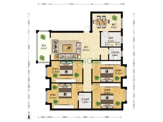 汇和花园 4室2厅2卫 129平方