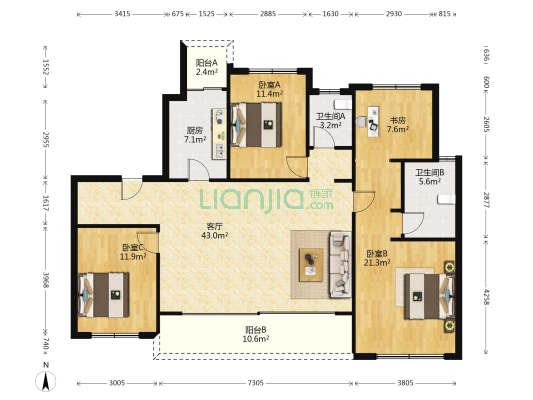 中粮中央公园祥云A区 4室1厅2卫 142平方