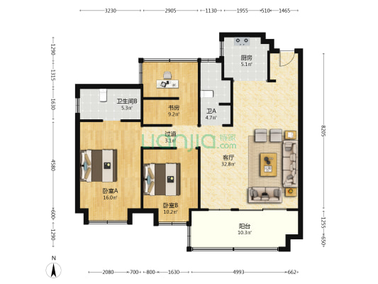新华都汇中心 3室1厅2卫 130平方