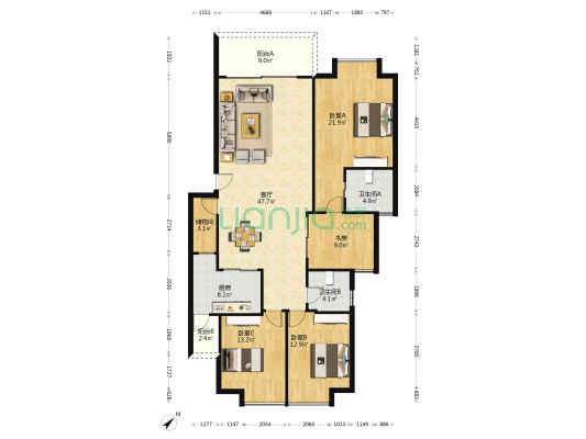 流水浣花苑 4室1厅2卫 150平方