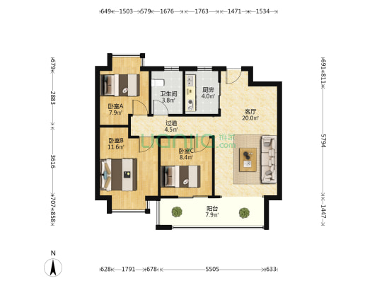 力高君誉滨江 3室1厅1卫 88平方