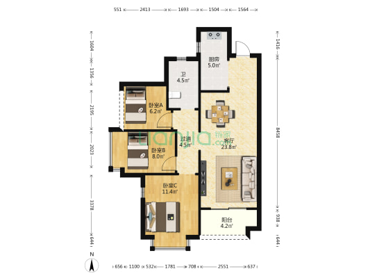 金地艺境天成 3室1厅1卫 88平方