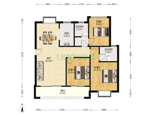 春风南岸东园 3室1厅2卫 100平方