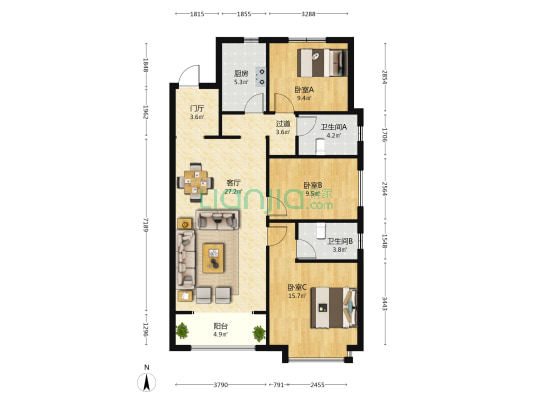 美的悦江府 3室1厅2卫 125平方
