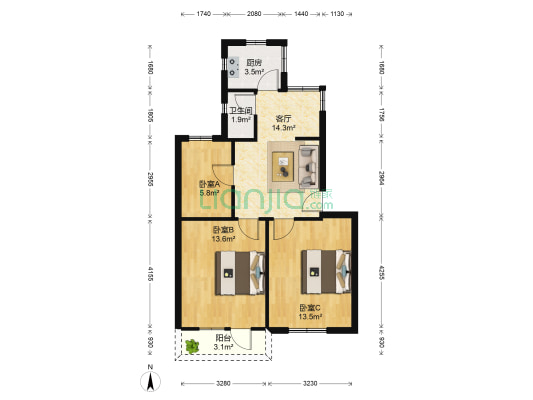 外贸住宅区 3室1厅1卫 60平方
