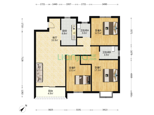 城投金开园 3室1厅2卫 125平方