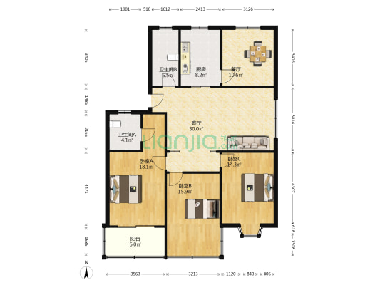 汇园小区 3室2厅2卫 134平方