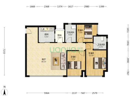 中海寰宇时代 3室1厅2卫 98平方