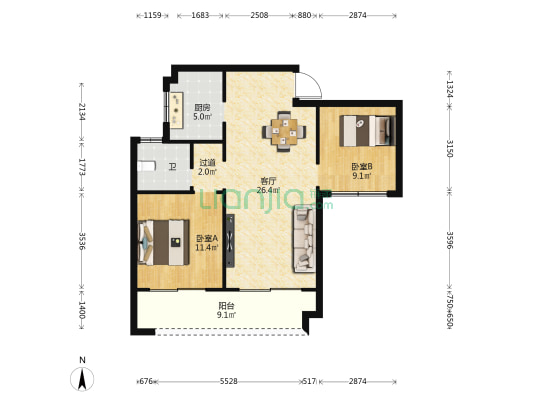 海南绿地城骏园 2室1厅1卫 85平方