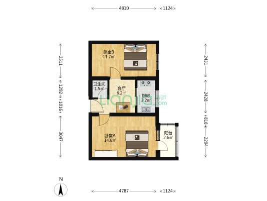 新开路胡同 2室1厅1卫 51平方