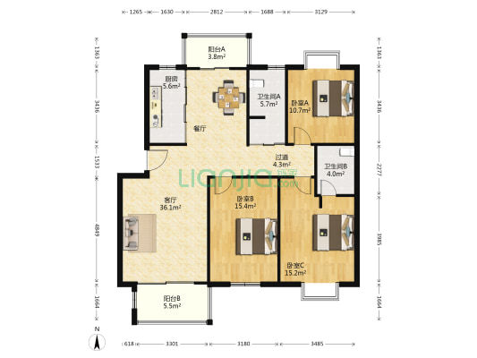 开元新都 3室1厅2卫 122平方