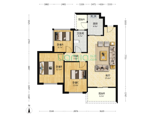 金裕星河天璨名居 3室1厅1卫 88平方