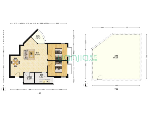 白云畔山花园 2室1厅1卫 85平方
