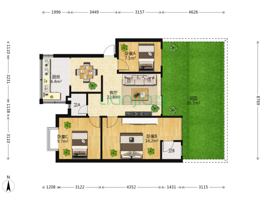 贵研小区 3室1厅2卫 64平方