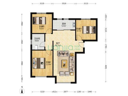 高铁新干线 3室1厅 南 北-户型图