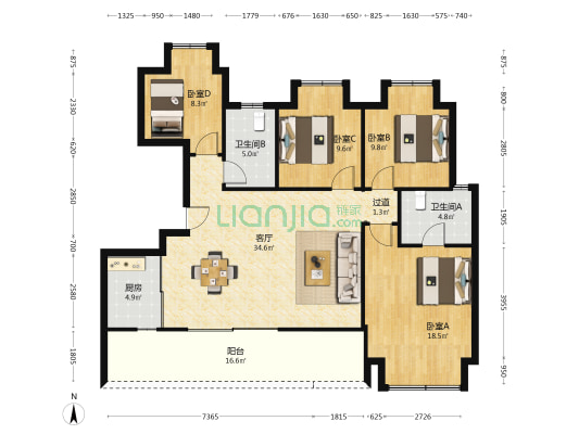 滨江春城公元 4室1厅2卫 127平方