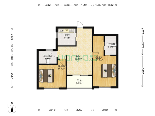 求是家园 2室1厅2卫 94平方