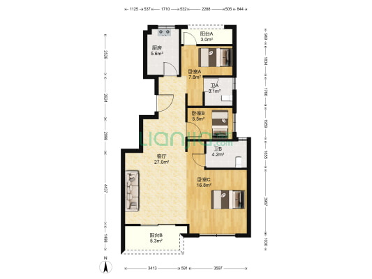 融信澜庭 3室1厅2卫 88平方