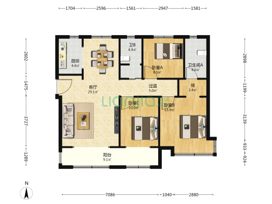 远洋风景长安二期 3室1厅2卫 125平方