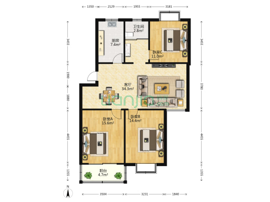 金惠苑 3室1厅1卫 107平方