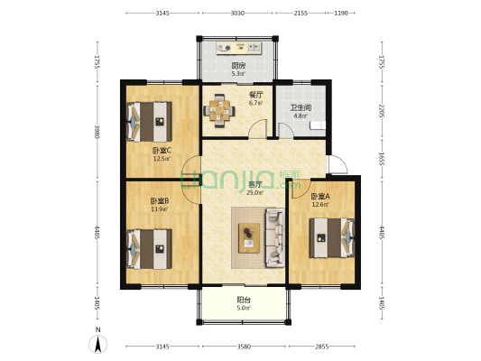 菜园巷医院家属院 3室2厅1卫 102平方