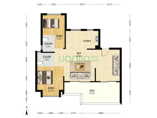 连江江山云起 2室1厅2卫 107平方