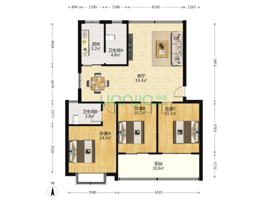 滨河小区 3室1厅2卫 104平方