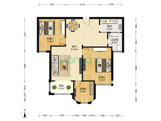 幸福时光二期 3室1厅1卫 84平方