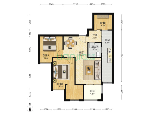 国际利城 3室1厅1卫 76平方