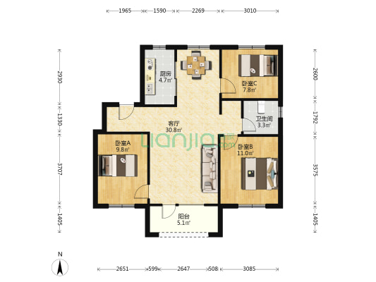 中旅万科城二期 3室1厅1卫 94平方