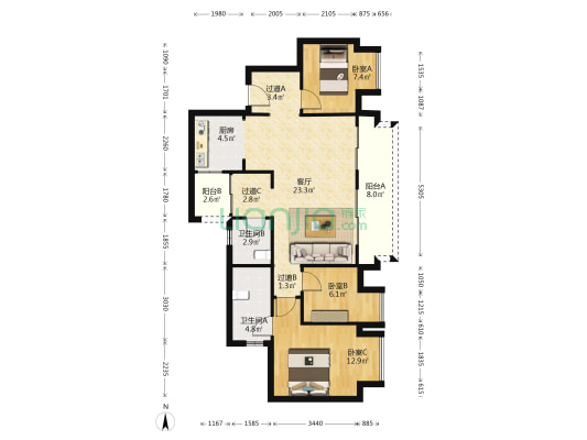 玖著天宸倾宸 3室1厅2卫 89平方