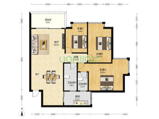 华海花园 3室1厅2卫 129平方