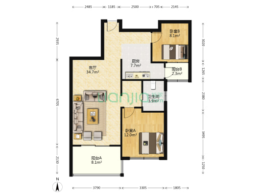 明日星城（一期） 2室1厅1卫 94平方