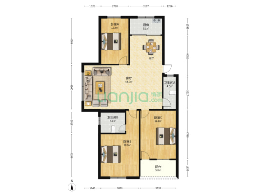 凤园新区凤尾花园 3室1厅2卫 130平方