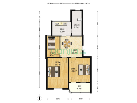 庆丰小区园村东区 3室1厅1卫 76平方