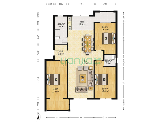 睿智花园 3室1厅2卫 150平方