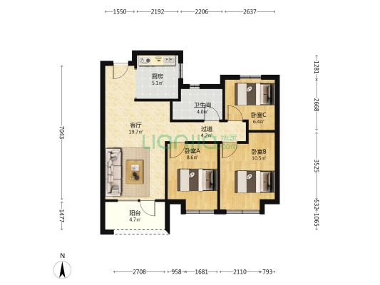 龙湖紫都城 3室1厅1卫 88平方