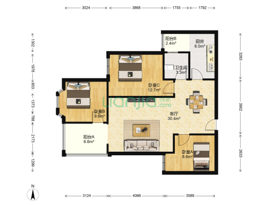 成都新天地 3室1厅1卫 75平方