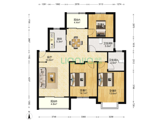 银河柳岸 3室1厅2卫 107平方