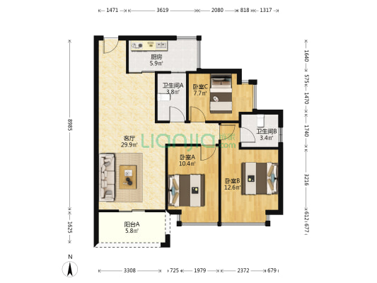 家和时代 3室1厅2卫 100平方