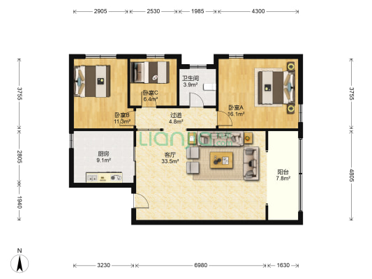 帝王大厦 3室1厅1卫 124平方