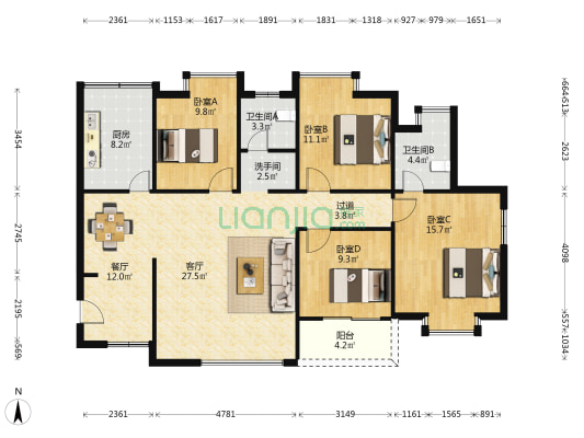美和小区 4室2厅3卫 141平方