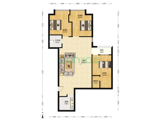 淘金半山豪庭 3室1厅1卫 129平方