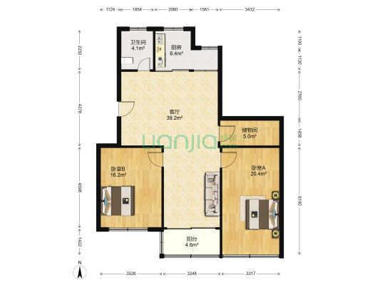 健康花园 2室1厅1卫 116平方