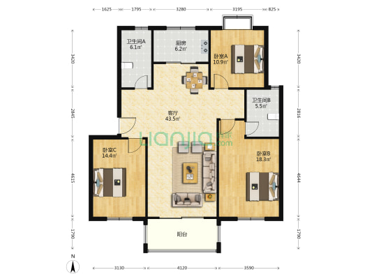 山湖花园一区 3室1厅2卫 134平方