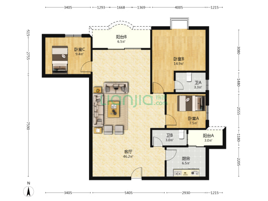 紫荆大厦 3室1厅2卫 131平方