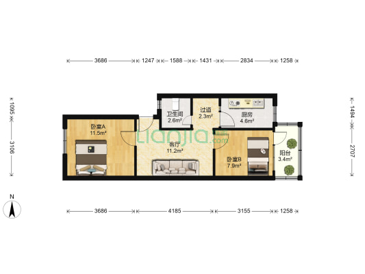 宋门关中街215号 2室1厅1卫 55平方