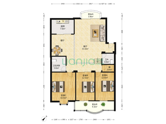 香江花园三期 3室1厅2卫 138平方