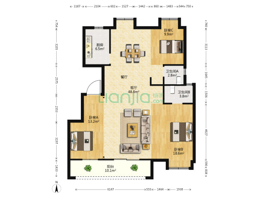 绿地国际理想城一期 3室1厅2卫 135平方